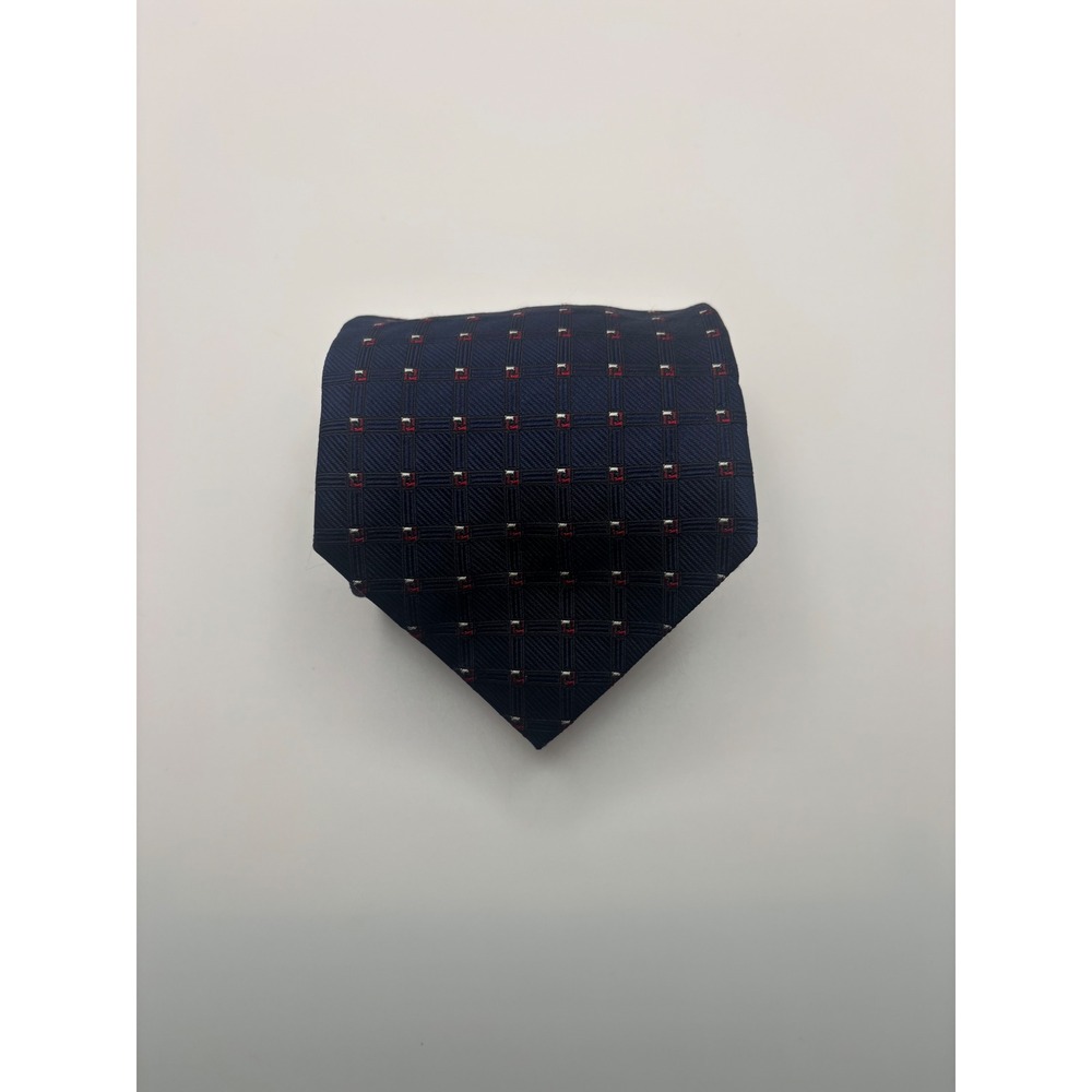 Van Heusen Mens Navy Blue Silk Geometric Grid Pattern Necktie Formal BusinessTie